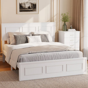 English Elm Full Pine Wood Farmhouse Bed Adjustable Headboard Panel Design Cottage Bedroom Frame White W504P423812