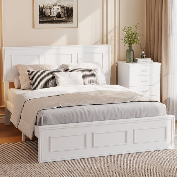 English Elm Full Pine Wood Farmhouse Bed Adjustable Headboard Panel Design Cottage Bedroom Frame White W504P423812