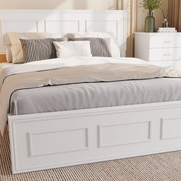 English Elm Full Pine Wood Farmhouse Bed Adjustable Headboard Panel Design Cottage Bedroom Frame White W504P423812