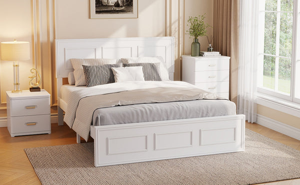 English Elm Full Pine Wood Farmhouse Bed Adjustable Headboard Panel Design Cottage Bedroom Frame White W504P423812