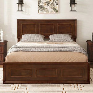 English Elm Full Pine Wood Farmhouse Bed Adjustable Headboard Panel Design Cottage Bedroom Frame Walnut W504P423813