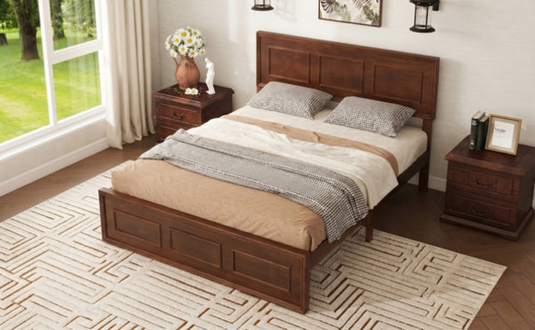 English Elm Full Pine Wood Farmhouse Bed Adjustable Headboard Panel Design Cottage Bedroom Frame Walnut W504P423813