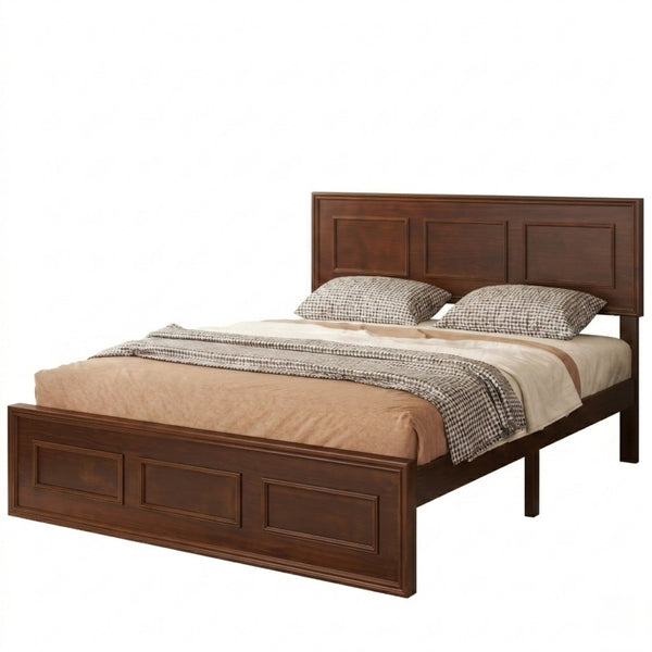 English Elm Full Pine Wood Farmhouse Bed Adjustable Headboard Panel Design Cottage Bedroom Frame Walnut W504P423813