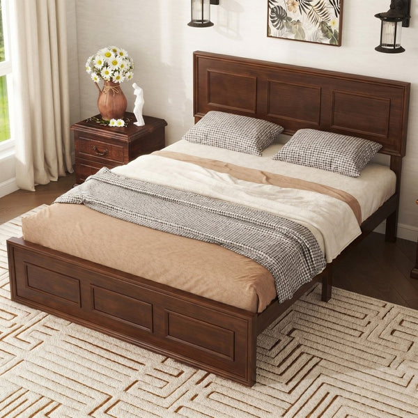 English Elm Full Pine Wood Farmhouse Bed Adjustable Headboard Panel Design Cottage Bedroom Frame Walnut W504P423813