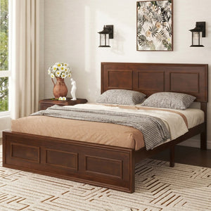 English Elm Full Pine Wood Farmhouse Bed Adjustable Headboard Panel Design Cottage Bedroom Frame Walnut W504P423813