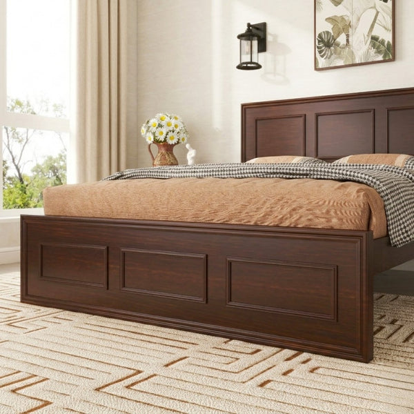 English Elm Full Pine Wood Farmhouse Bed Adjustable Headboard Panel Design Cottage Bedroom Frame Walnut W504P423813