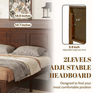 English Elm Full Pine Wood Farmhouse Bed Adjustable Headboard Panel Design Cottage Bedroom Frame Walnut W504P423813