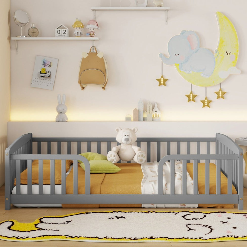 English Elm Full Size Pine Wood Floor Bed Toddler Frame with Perimeter Guardrails Safe Entry Grey W504P425970