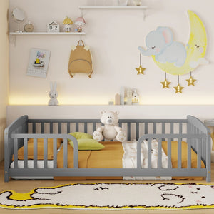 English Elm Full Size Pine Wood Floor Bed Toddler Frame with Perimeter Guardrails Safe Entry Grey W504P425970