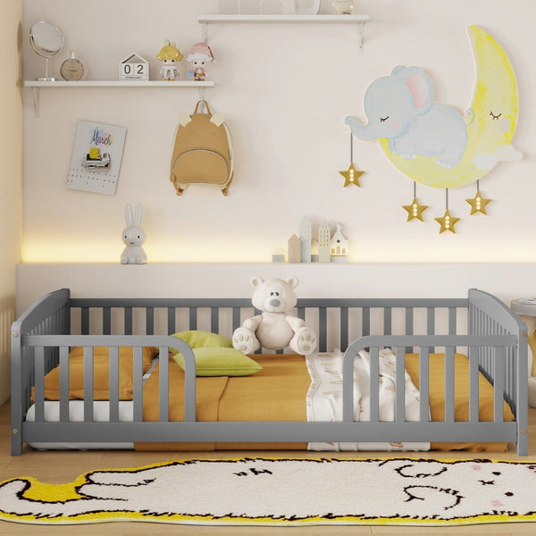 English Elm Full Size Pine Wood Floor Bed Toddler Frame with Perimeter Guardrails Safe Entry Grey W504P425970