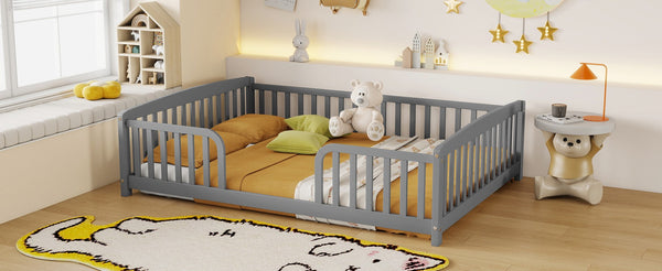 English Elm Full Size Pine Wood Floor Bed Toddler Frame with Perimeter Guardrails Safe Entry Grey W504P425970
