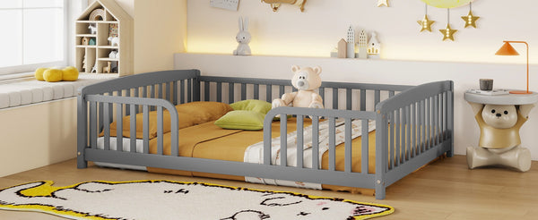 English Elm Full Size Pine Wood Floor Bed Toddler Frame with Perimeter Guardrails Safe Entry Grey W504P425970