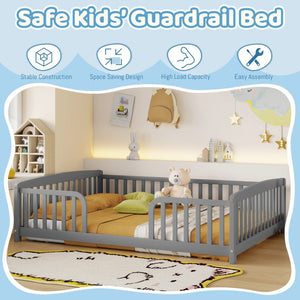 English Elm Full Size Pine Wood Floor Bed Toddler Frame with Perimeter Guardrails Safe Entry Grey W504P425970