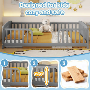 English Elm Full Size Pine Wood Floor Bed Toddler Frame with Perimeter Guardrails Safe Entry Grey W504P425970