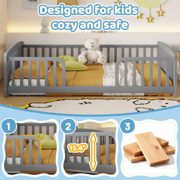 English Elm Full Size Pine Wood Floor Bed Toddler Frame with Perimeter Guardrails Safe Entry Grey W504P425970
