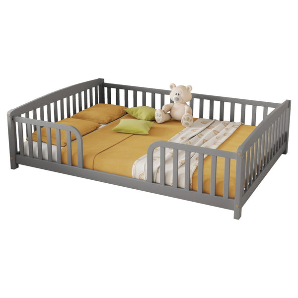 English Elm Full Size Pine Wood Floor Bed Toddler Frame with Perimeter Guardrails Safe Entry Grey W504P425970