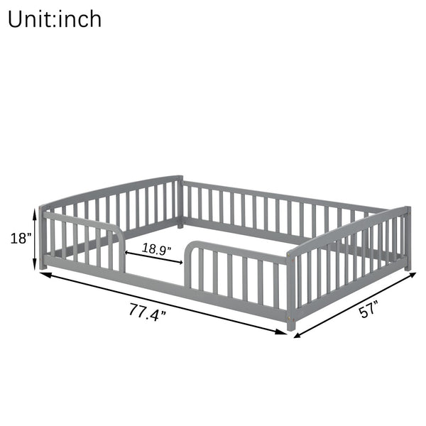 English Elm Full Size Pine Wood Floor Bed Toddler Frame with Perimeter Guardrails Safe Entry Grey W504P425970