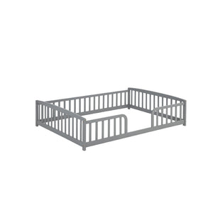 English Elm Full Size Pine Wood Floor Bed Toddler Frame with Perimeter Guardrails Safe Entry Grey W504P425970