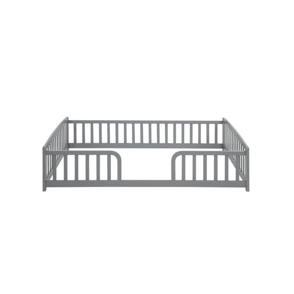 English Elm Full Size Pine Wood Floor Bed Toddler Frame with Perimeter Guardrails Safe Entry Grey W504P425970