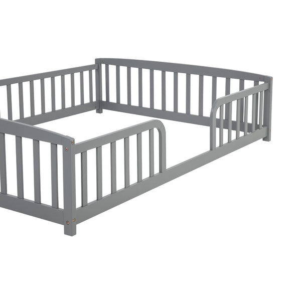 English Elm Full Size Pine Wood Floor Bed Toddler Frame with Perimeter Guardrails Safe Entry Grey W504P425970