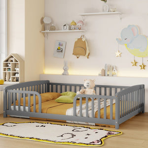 English Elm Full Size Pine Wood Floor Bed Toddler Frame with Perimeter Guardrails Safe Entry Grey W504P425970