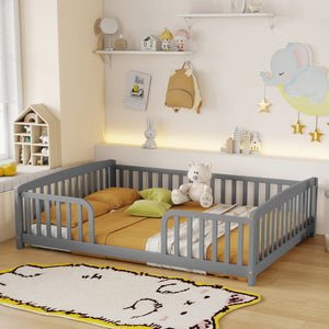 English Elm Full Size Pine Wood Floor Bed Toddler Frame with Perimeter Guardrails Safe Entry Grey W504P425970