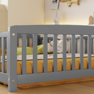 English Elm Full Size Pine Wood Floor Bed Toddler Frame with Perimeter Guardrails Safe Entry Grey W504P425970