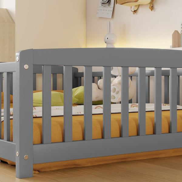 English Elm Full Size Pine Wood Floor Bed Toddler Frame with Perimeter Guardrails Safe Entry Grey W504P425970