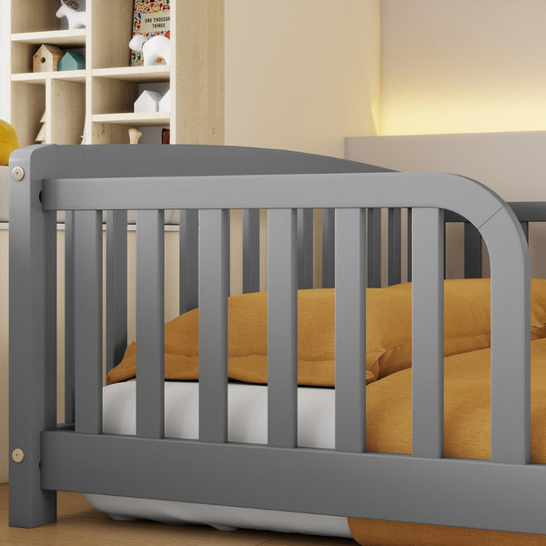 English Elm Full Size Pine Wood Floor Bed Toddler Frame with Perimeter Guardrails Safe Entry Grey W504P425970