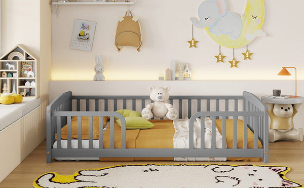 English Elm Full Size Pine Wood Floor Bed Toddler Frame with Perimeter Guardrails Safe Entry Grey W504P425970