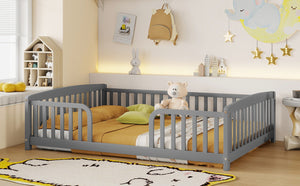 English Elm Full Size Pine Wood Floor Bed Toddler Frame with Perimeter Guardrails Safe Entry Grey W504P425970