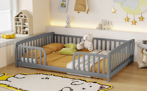 English Elm Full Size Pine Wood Floor Bed Toddler Frame with Perimeter Guardrails Safe Entry Grey W504P425970