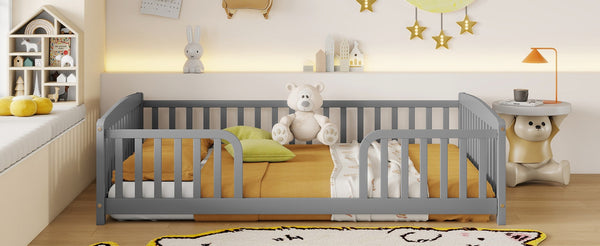 English Elm Full Size Pine Wood Floor Bed Toddler Frame with Perimeter Guardrails Safe Entry Grey W504P425970