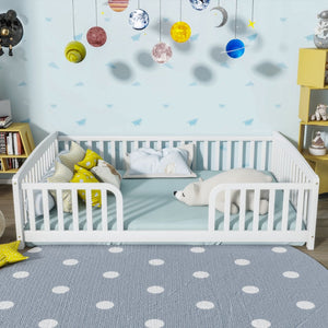 English Elm Full Size Pine Wood Floor Bed Toddler Frame with Perimeter Guardrails Safe Entry White W504P425978