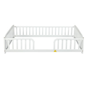 English Elm Full Size Pine Wood Floor Bed Toddler Frame with Perimeter Guardrails Safe Entry White W504P425978