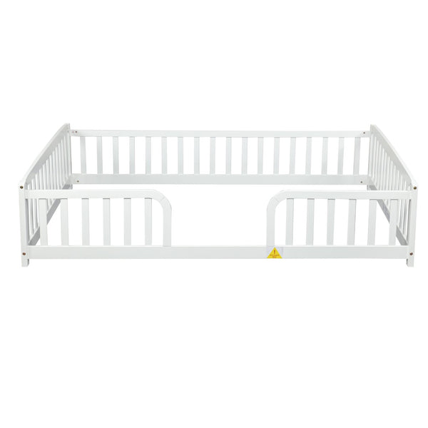 English Elm Full Size Pine Wood Floor Bed Toddler Frame with Perimeter Guardrails Safe Entry White W504P425978