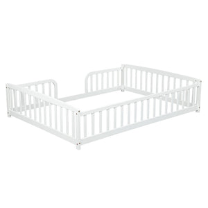 English Elm Full Size Pine Wood Floor Bed Toddler Frame with Perimeter Guardrails Safe Entry White W504P425978