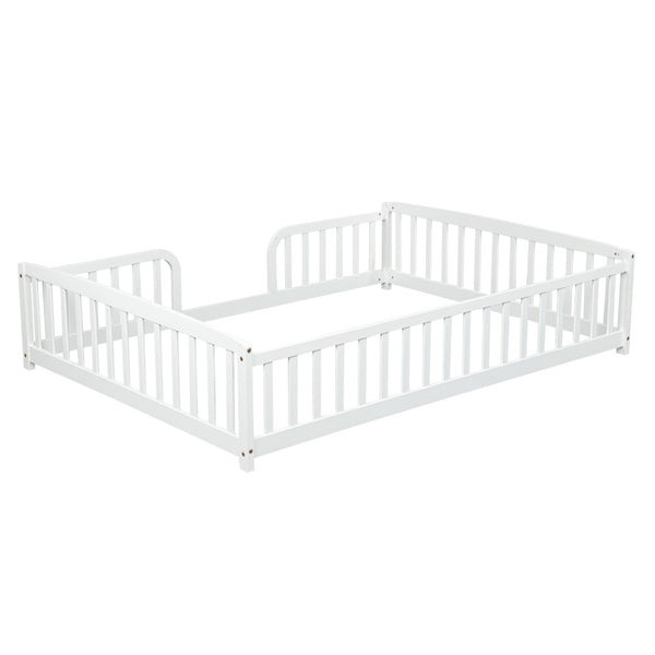 English Elm Full Size Pine Wood Floor Bed Toddler Frame with Perimeter Guardrails Safe Entry White W504P425978
