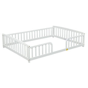 English Elm Full Size Pine Wood Floor Bed Toddler Frame with Perimeter Guardrails Safe Entry White W504P425978