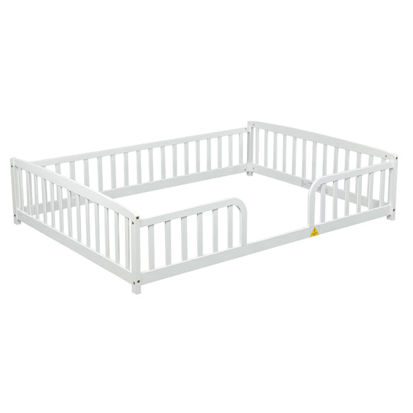 English Elm Full Size Pine Wood Floor Bed Toddler Frame with Perimeter Guardrails Safe Entry White W504P425978