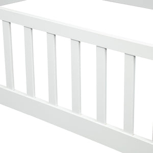 English Elm Full Size Pine Wood Floor Bed Toddler Frame with Perimeter Guardrails Safe Entry White W504P425978