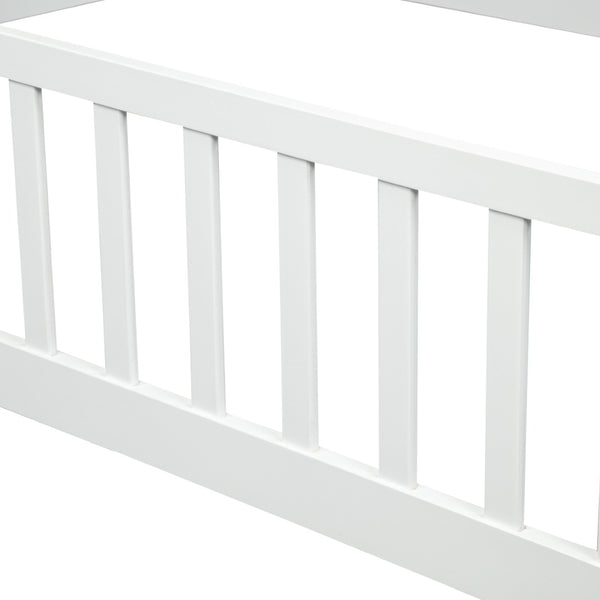 English Elm Full Size Pine Wood Floor Bed Toddler Frame with Perimeter Guardrails Safe Entry White W504P425978