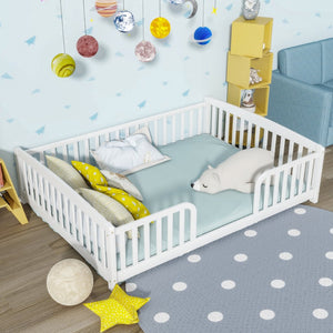 English Elm Full Size Pine Wood Floor Bed Toddler Frame with Perimeter Guardrails Safe Entry White W504P425978