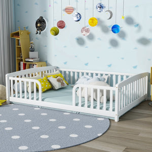 English Elm Full Size Pine Wood Floor Bed Toddler Frame with Perimeter Guardrails Safe Entry White W504P425978