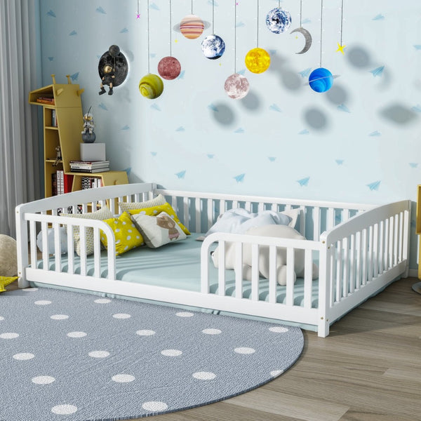 English Elm Full Size Pine Wood Floor Bed Toddler Frame with Perimeter Guardrails Safe Entry White W504P425978