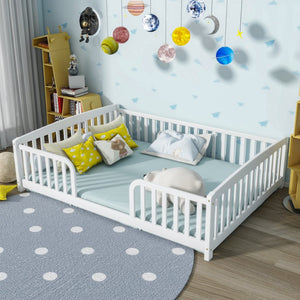 English Elm Full Size Pine Wood Floor Bed Toddler Frame with Perimeter Guardrails Safe Entry White W504P425978