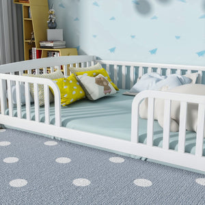 English Elm Full Size Pine Wood Floor Bed Toddler Frame with Perimeter Guardrails Safe Entry White W504P425978