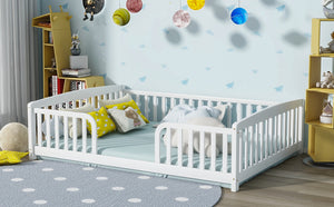 English Elm Full Size Pine Wood Floor Bed Toddler Frame with Perimeter Guardrails Safe Entry White W504P425978