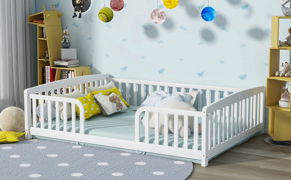 English Elm Full Size Pine Wood Floor Bed Toddler Frame with Perimeter Guardrails Safe Entry White W504P425978
