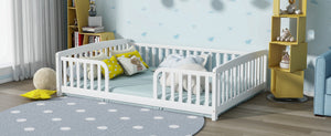 English Elm Full Size Pine Wood Floor Bed Toddler Frame with Perimeter Guardrails Safe Entry White W504P425978